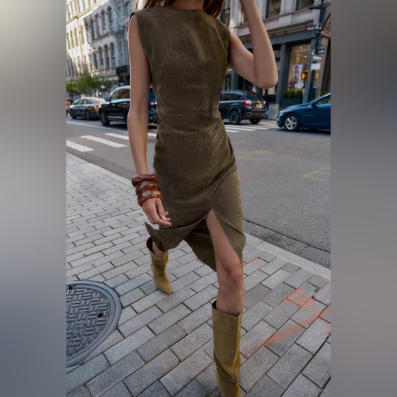 NWT Zara 100% Suede Leather Midi Dress - Khaki - Picture 2 of 16